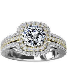 14k 白金和黃金雙色調三排墊形光環鑽石訂婚戒指（1/2 克拉總重量）